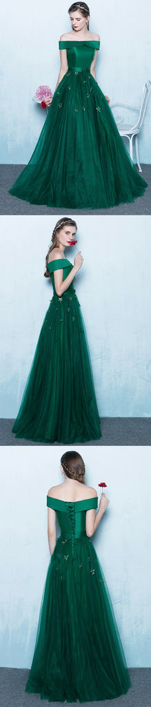 Green Off Shoulder Lace Up Back Appliques Party For Teens Prom Gown Dresses,PD00027