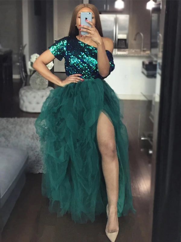 Green Sparkly Top One-shoulder Side-slit Tulle Long Prom Dress, PD3350