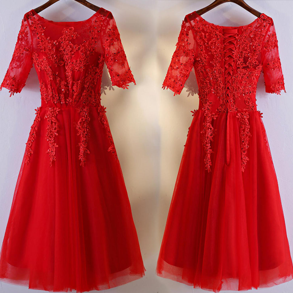 Half Sleeve Scoop Neckline Red Lace Appliques Sequins Tea-Length Homecoming Dresses,BD00209