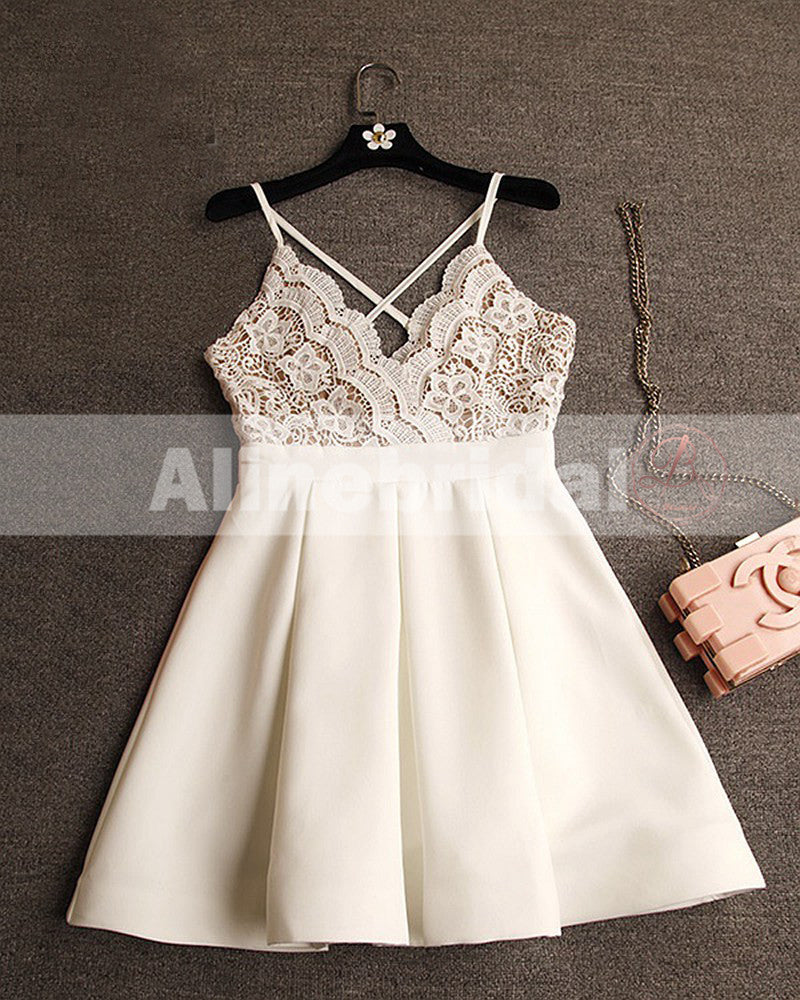 Elegant Ivory Lace Top Spaghetti Strap A-line For Teens Homecoming Dresses,BD00219