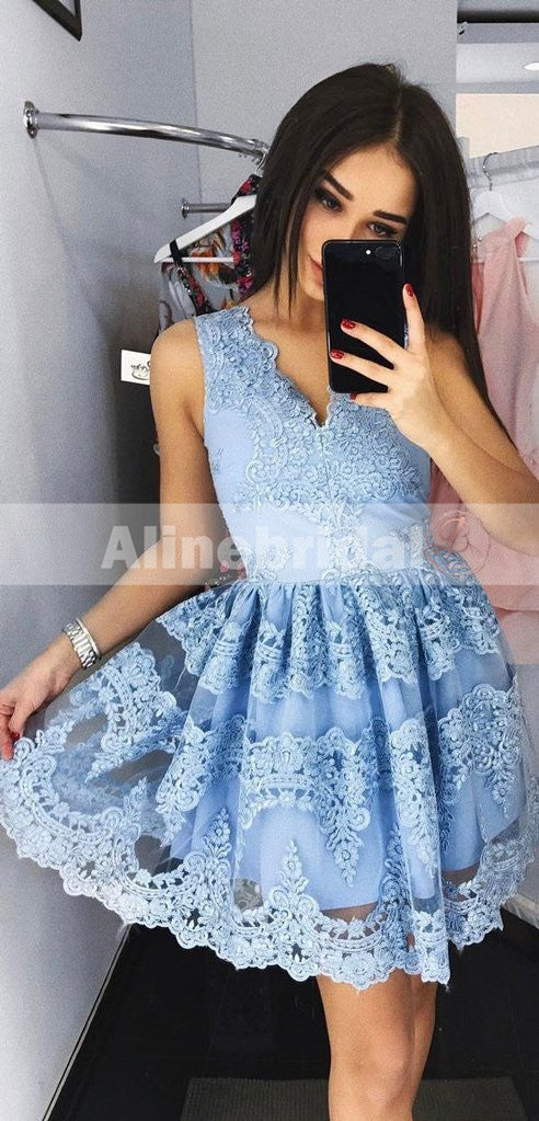 Mismatched Lace V-neck Sleeveless A-line Popular Fashion Homecoming Dresses,BD00223