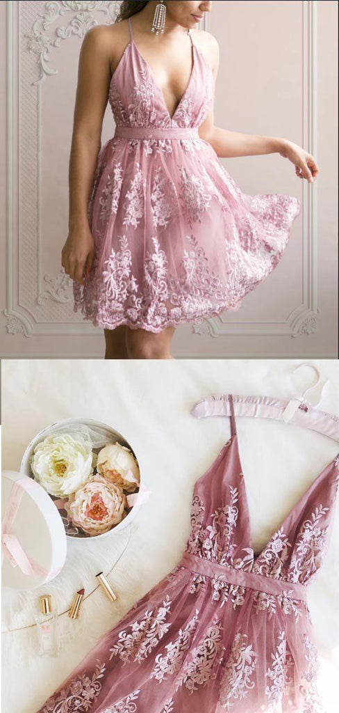 Elegant Dusty Rose V Neck Lace A Line Short Homecoming Dress, BTW273