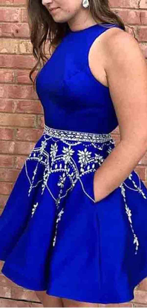 Royal Blue Halter With Pocket Beaded Satin A Line Short Homecoming Dress, BTW275