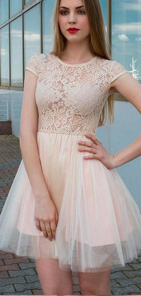 Charming Cap Sleeves Lace Top Tulle A Line Short Homecoming Dress, BTW283