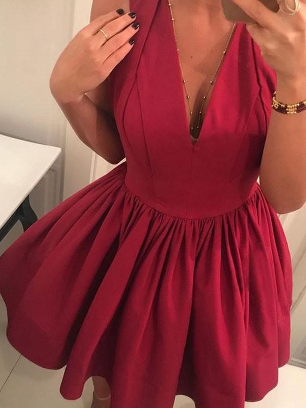 Modern Rose Red V Neck Satin A Line Short Homecoming Dresses, BTW294