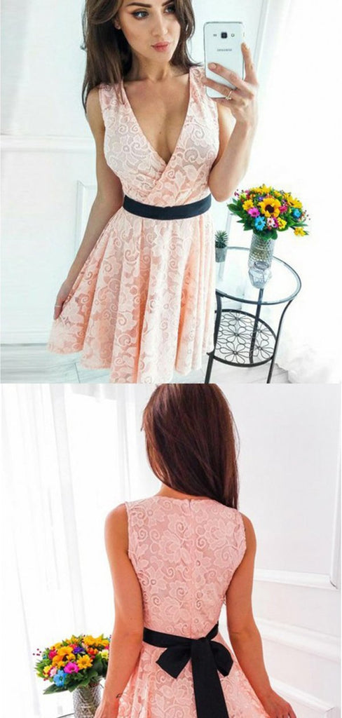 Blush Pink V Neck Sleeveless Lace Mini Short Homecoming Dresses, BTW297