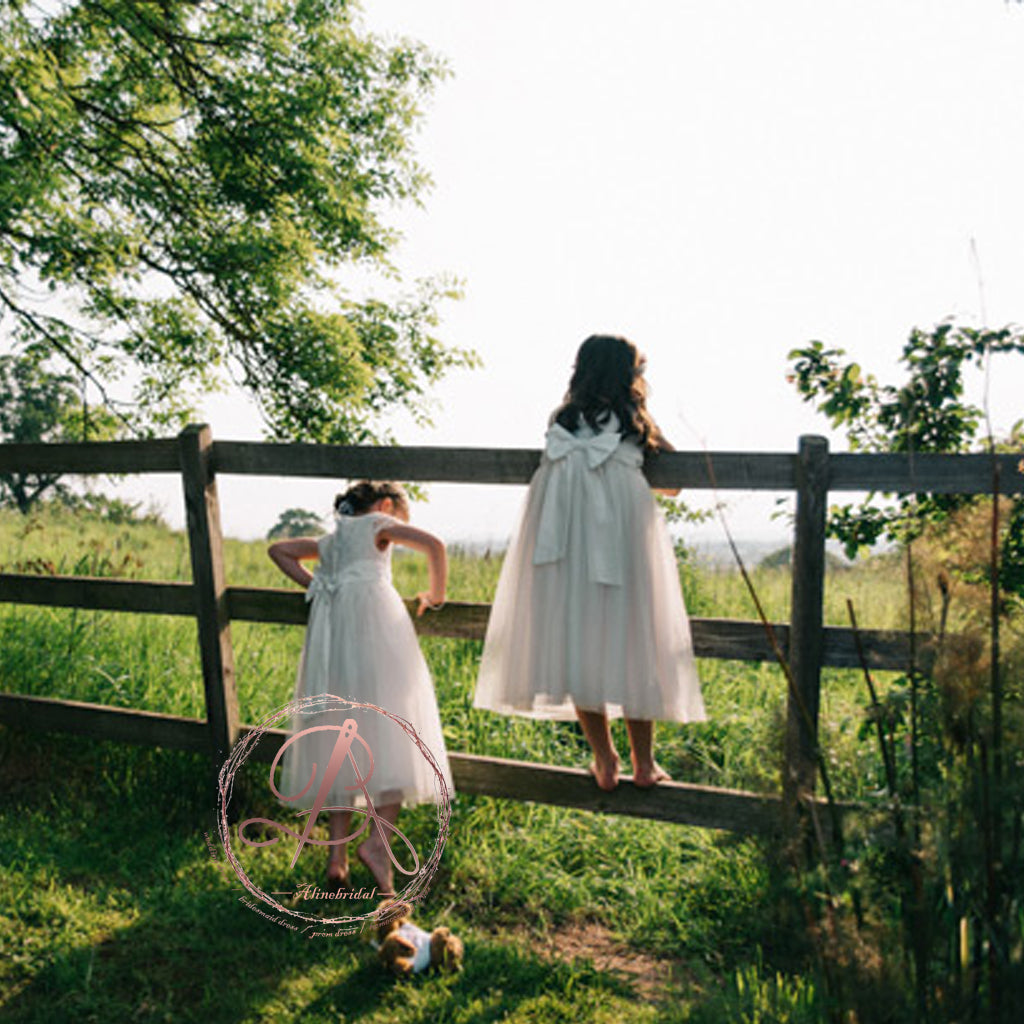 Ivory Lace Top Tulle Cap Sleeve Tea Length With Bow Sash Flower Girl Dresses, FGS044