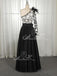 Black One Shoulder Long Sleeve Lace Satin Prom Dresses ,PD00202