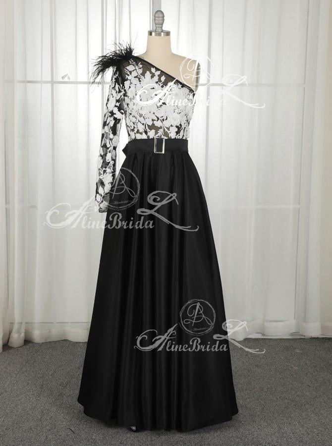 Black One Shoulder Long Sleeve Lace Satin Prom Dresses ,PD00202