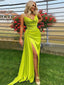 Lime Green Spaghetti Straps Mermaid Side-slirt Long Train Pleats Prom Bridesmaid Dress, PD3342