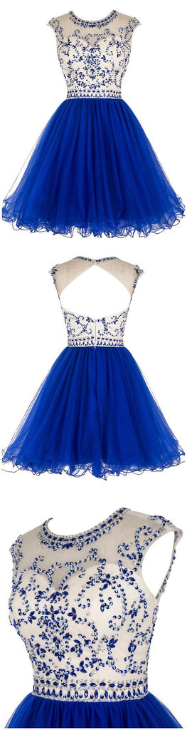 Sexy Open back Royal Blue Short Tulle homecoming prom dresses, CM0008