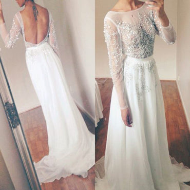 Long Sleeve White Tulle Beaded Sparkly Open Back Elegant  Prom Gown.  PD0210