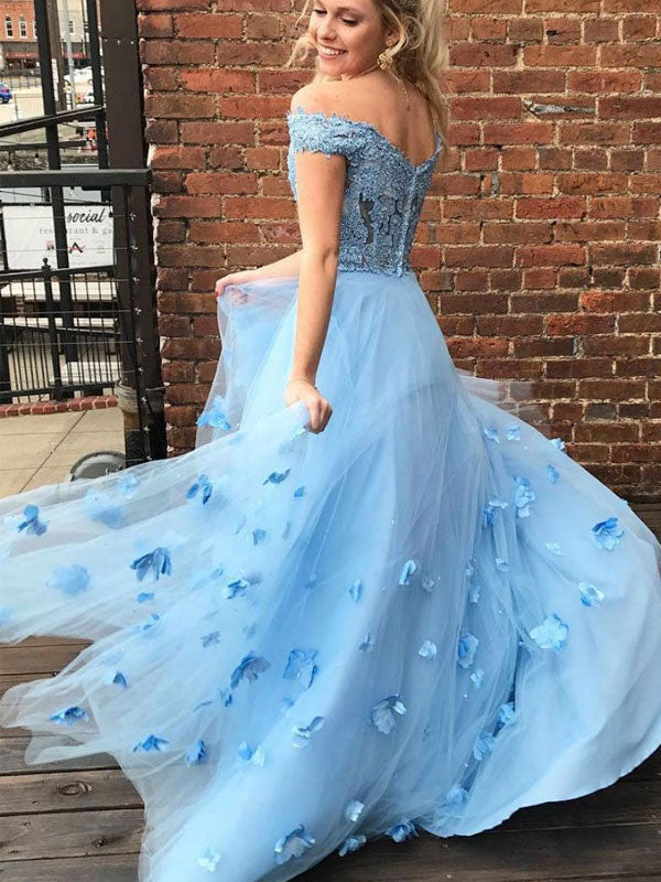 Pink Blue Off-shoulder Lace Top A-line Long Tulle Prom Dress With Floral Appliques, PD3168