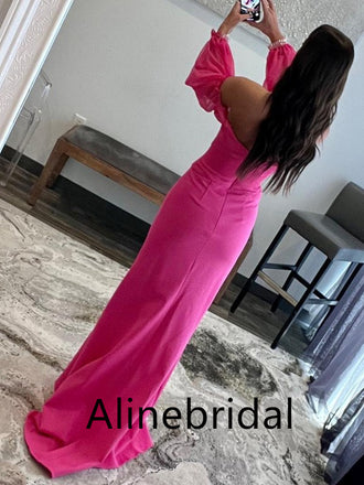 Sexy Pink Off the Shoulder Side Slit Mermaid Long Prom Dress with Long Sleeve, PD3563