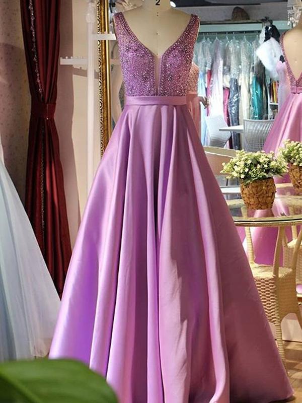 Elegant V Neck Sleeveless A Line Beaded Satin Long Evening Prom Dresses, PD0013