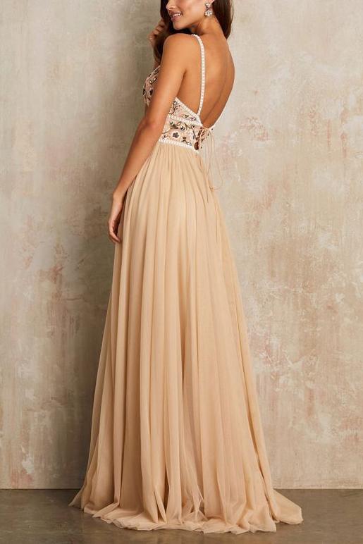 Unique Embroidered Backless Lace Up Tulle A Line Long Evening Prom Dresses, PD0024