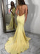 Sexy Halter Light Yellow Backless Side Slit Mermaid Long Evening Prom Dresses, PD0003