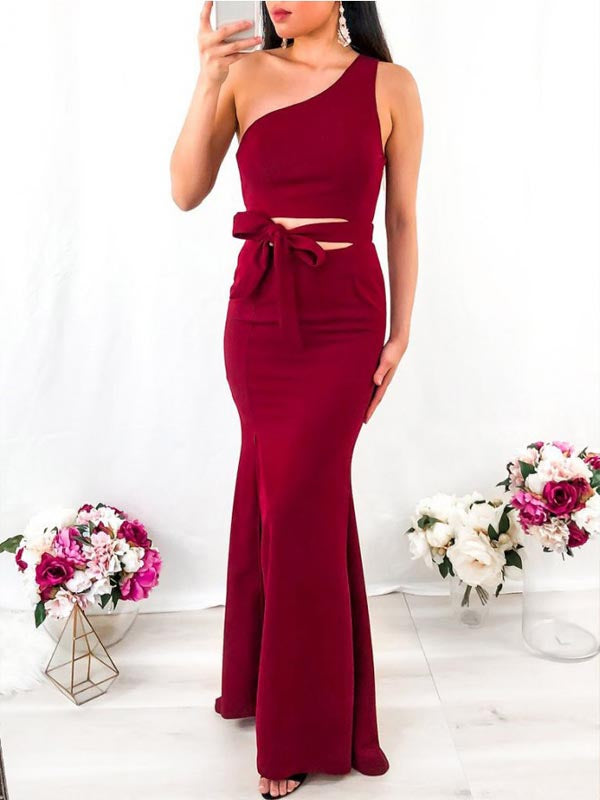 One Shoulder Burgundy Mermaid Side Slit Long Evening Prom Dresses, PD0039