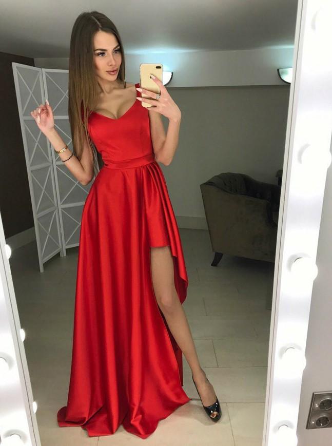 Irregular Sleeveless High Low Satin A Line Long Evening Prom Dresses, PD0004