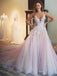 Pretty Pink Lace Top V Neck Tulle A Line With Train Long Evening Prom Dresses, PD0017