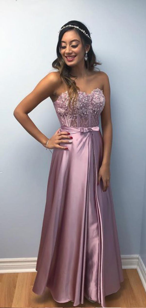 Sweetheart Lace Top Satin A Line Applique Long Evening Prom Dresses, PD0027