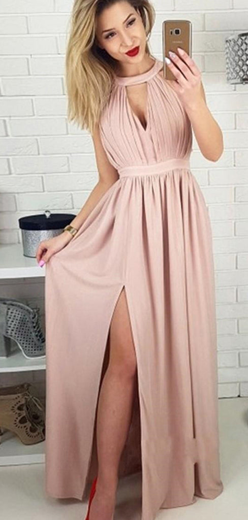 Halter Blush Pink Side Slit A Line Floor Length Long Evening Prom Dresses, PD0029