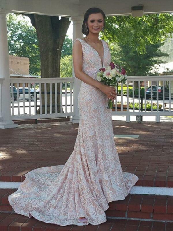 Gorgeous Sleeveless Lace Applique Mermaid Beaded Long Evening Prom Dresses, PD0018