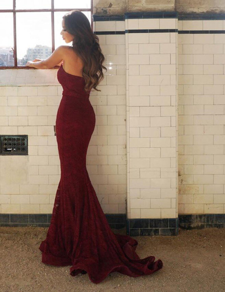 Burgundy Sweetheart Full Lace Mermaid With Train Long Evening Prom Dresses, PD0019