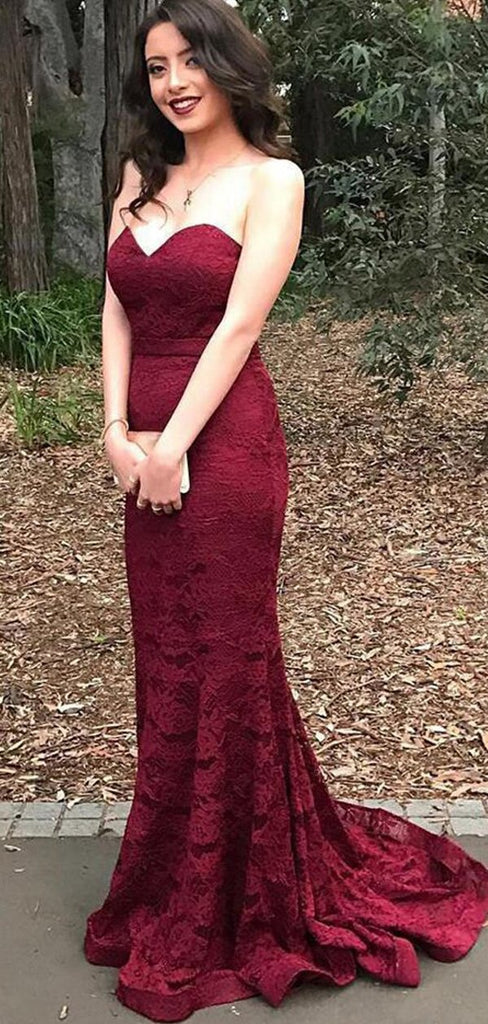 Burgundy Sweetheart Full Lace Mermaid With Train Long Evening Prom Dresses, PD0019