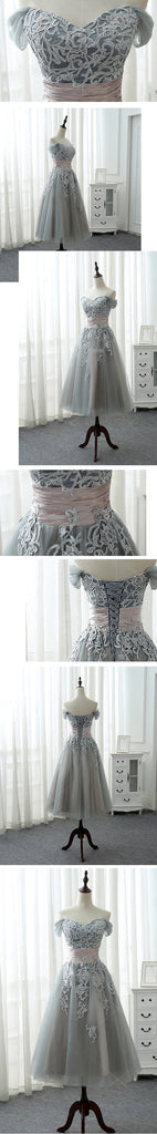 Elegant A-line Off Shoulder Lace Appliques Pleating Sash Tea-Length Bridesmaid Dress, AB1169