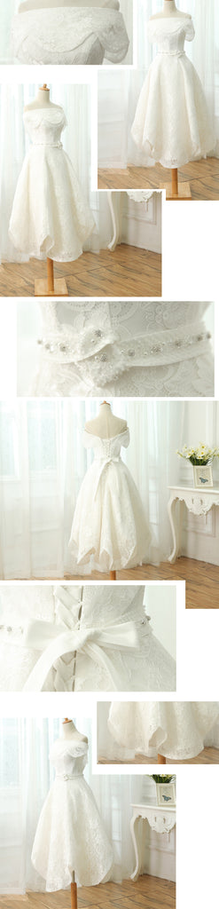 Elegant Petal Off Shoulder Tea-length Full Lace Beading Sash Wedding Dresses,BD00212