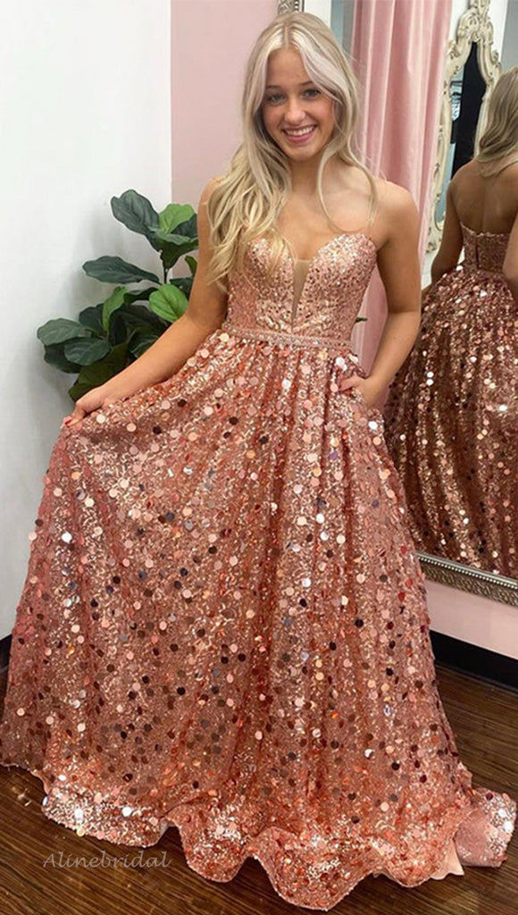 Rose Gold Strapless Sweetheart Sparkly A-line Long Prom Dress, PD3378