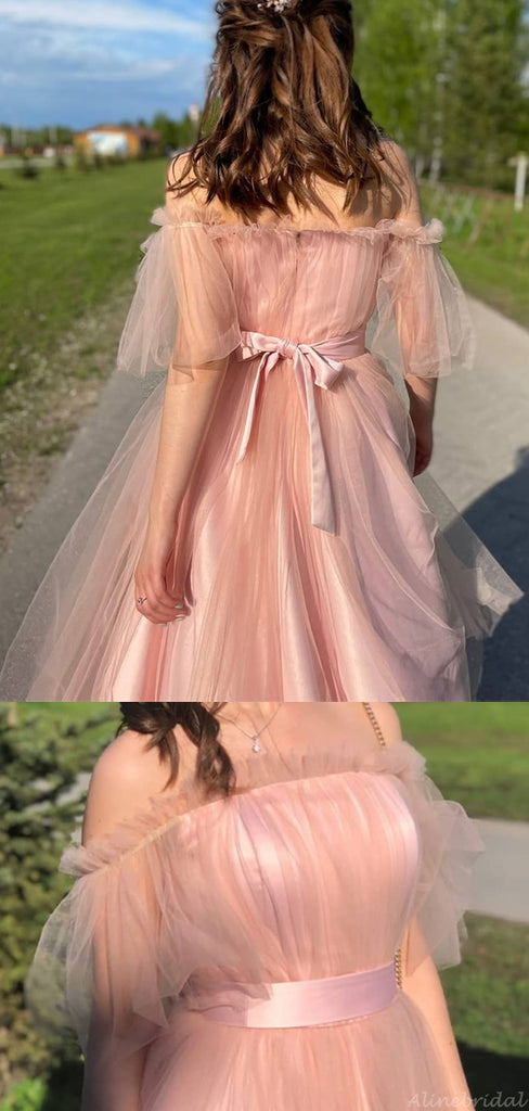 Chic Off-shoulder Tulle Tea-length Princess Prom Dress, PD3077