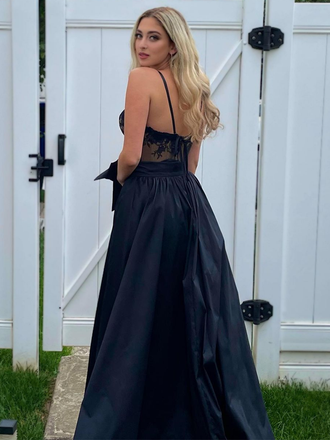 Sexy Black Lace V-neck Spaghetti Strap Long Prom Dress with Slit, PD3090