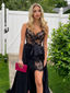 Sexy Black Lace V-neck Spaghetti Strap Side Slit Long Prom Party Dress, PD3090