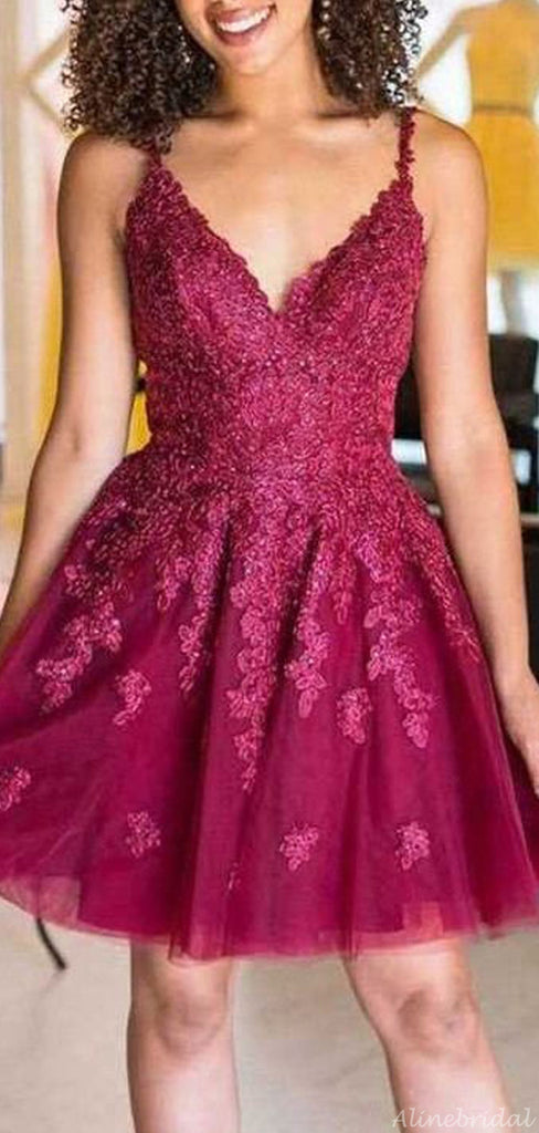 Sexy Burgundy Lace Sequin Spaghetti Strap V-neck A-line Short Homecoming Dress, HD3031