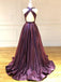 Sexy Dark Purple Jewel Neck Backless A-line Long Prom Dress, PD3122