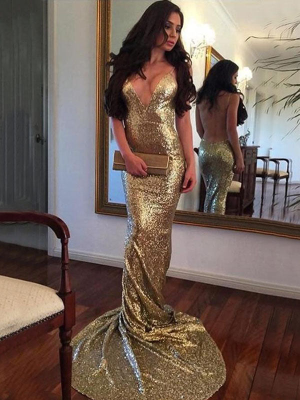 Sexy Gold Deep V-neck Open Back Mermaid Long Tail Prom Dress, PD3301