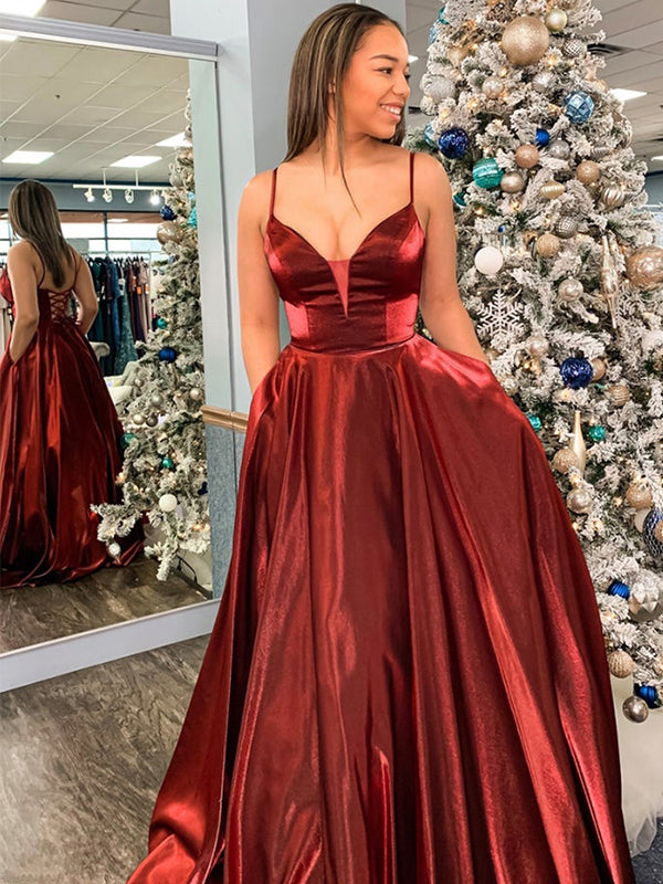 Sexy Spaghetti Straps Shiny Dark Red A-line Long Prom Dress, PD3376