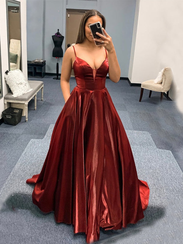 Sexy Spaghetti Straps Shiny Dark Red A-line Long Prom Dress, PD3376