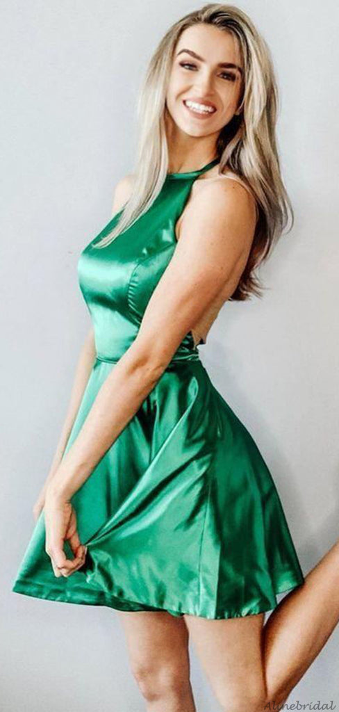 Simple Hunter Green Halter Sleeveless Backless Short Homecoming Dress, HD3073