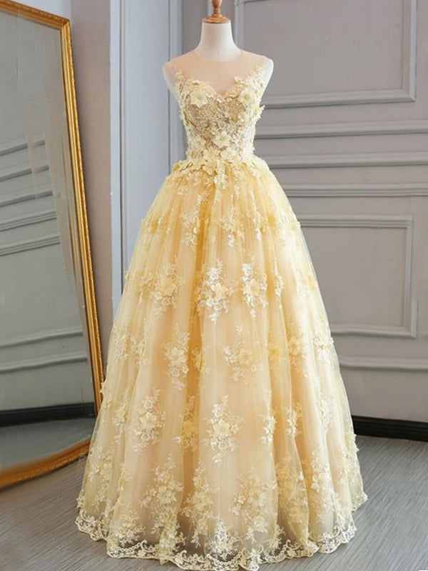 Sleeveless Pale Yellow Lace Sweetheart A-line Floor-length Prom Dress, PD3247