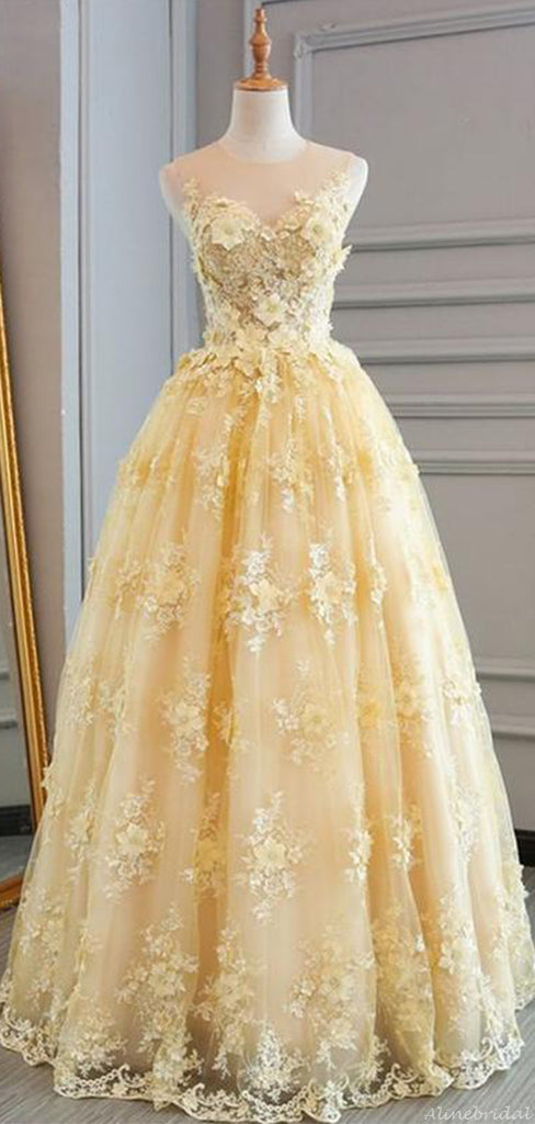 Sleeveless Pale Yellow Lace Sweetheart A-line Floor-length Prom Dress, PD3247