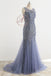 Stunning Lavender Tulle Beaded Lace Scoop Neck Sleeveless  Mermaid Prom Dresses,PD00064