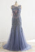 Stunning Lavender Tulle Beaded Lace Scoop Neck Sleeveless  Mermaid Prom Dresses,PD00064