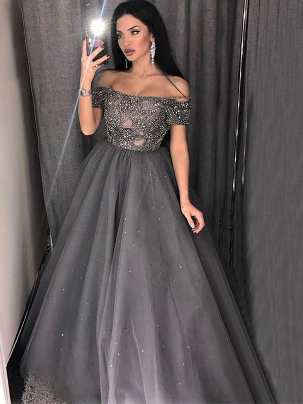 Sparkly Gray Off-shoulder Beads Top A-line Long Prom Dress, PD3347