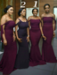 Two Style Mulberry Dark Purple Off-shoulder Mermaid Sleeveless Long Bridesmaid Dress, BD3071