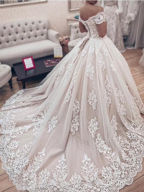 Gorgeous Off The Shoulder Lace Applique Ball Gown Train Long Wedding Dresses, WD1101