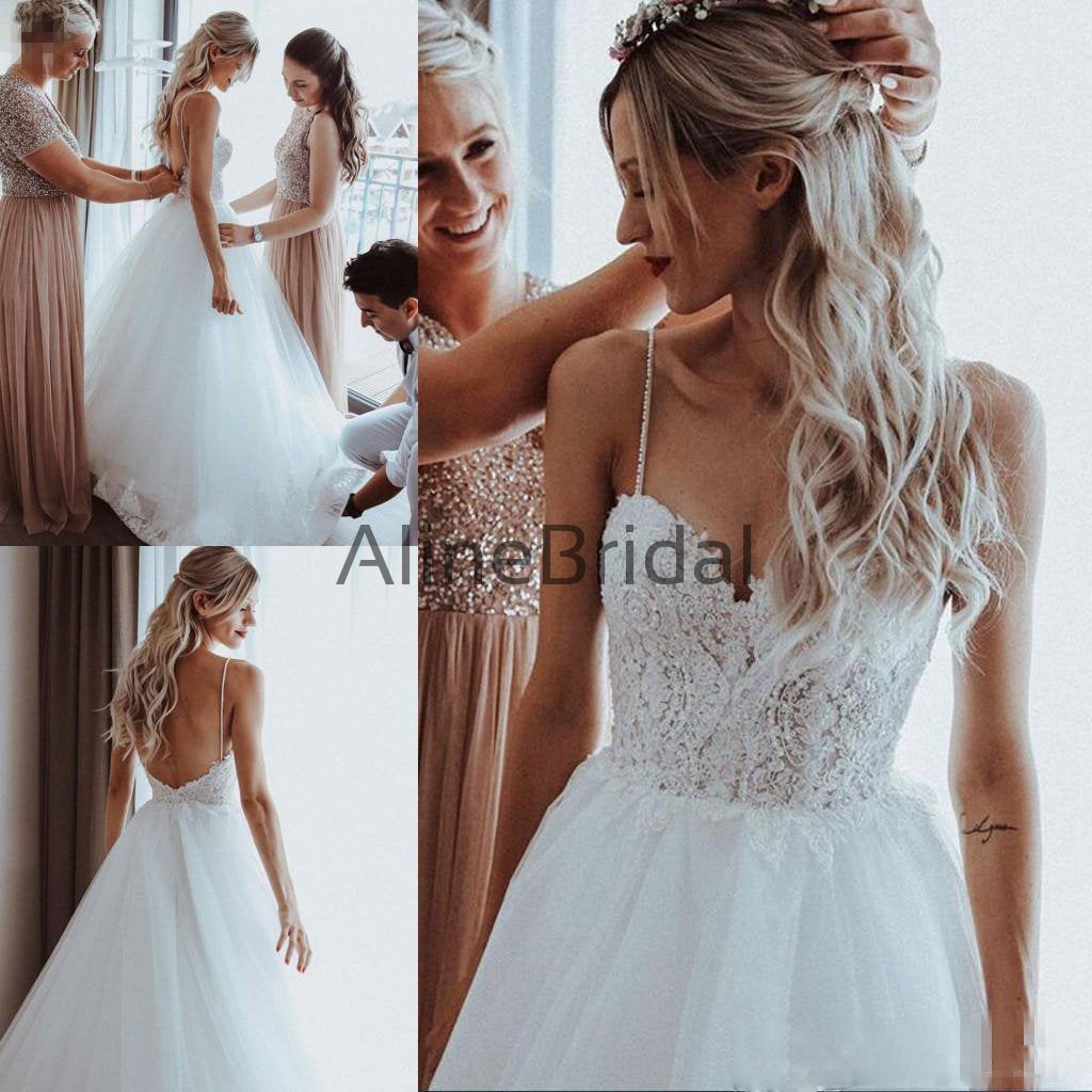 Fashion Spaghetti Straps Backless Lace Top A Line Long Wedding Dresses, WD1102