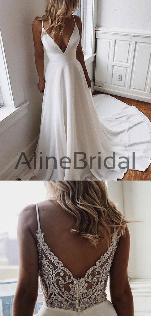 Simple Spaghetti Strap V Neck Lace Back Satin A Line Long Wedding Dresses, WD1104